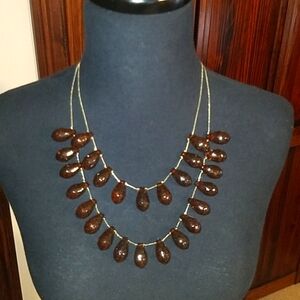 Double Layer Brown & Gold Teardrop  Tortoise Beaded Necklace